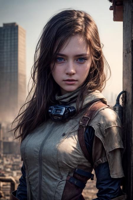 extreme close up of 20 y.o model in wastelander clothes, long haircut, pale skin, slim body, background is city ruins, (high detailed skin:1.2), (best quality, masterpiece, 4k, ultra detailed, sharp focus, 8k, high definition, insanely detailed, intricate:1.2), (realistic, hyperrealistic, photorealistic), trending on artstation, render, 8k, octane render, cinema 4d, <lora:add_detail:0.7>