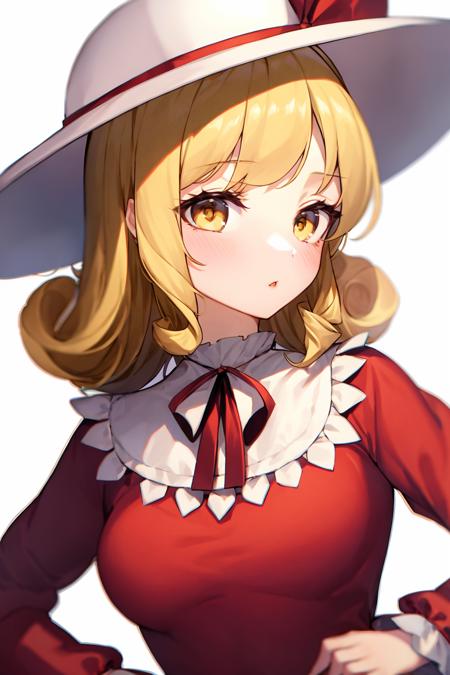 1girl,hathat ribbon,curly hair,blonde hair, short hair,yellow eyes,ribbon,bow,red dress,long sleeves,  scythe,holding scythe, weapon, 