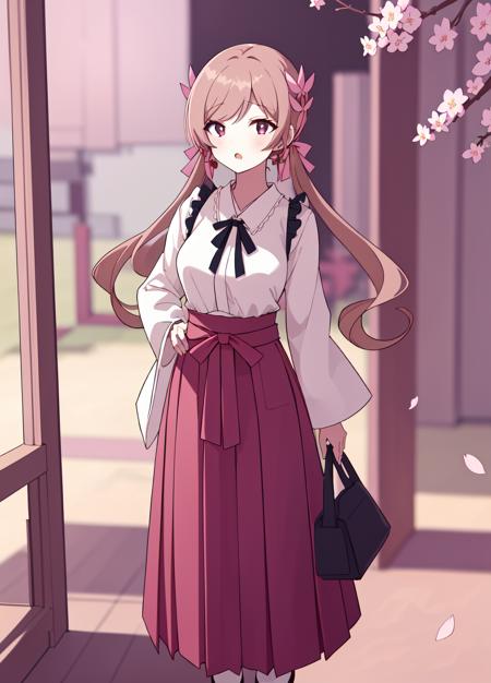 <lora:under_heorine:0.4>, 1girl, solo, (masterpiece:1.2), (best quality:1.15), extremely detailed, perfect lighting, japanese temple background, cherry blossoms,, hakama, (red hakama skirt:1.2), (white hakama shirt:1.2), hakama ribbon, (alternate costume:1.2)