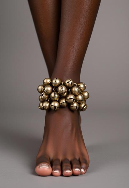 front view of an african female ankle, bracelet full of large size bells, neutral grey background, photography studio style