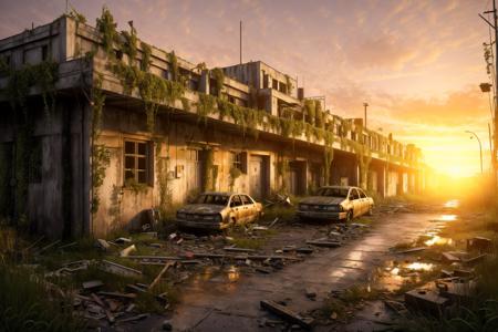 realistic, vray, HDR,  6000K,  berlin city, inside factory, overgrown, post apocalypse feeling, sunset, <lora:PostApocalyptic3:0.6> SZ_4po