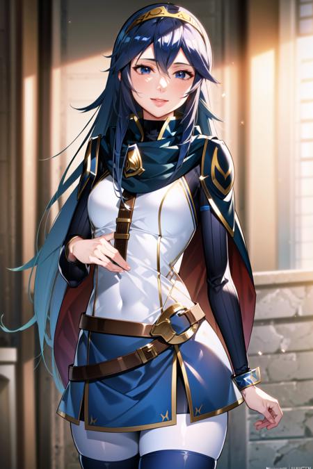 Lucina \(fire emblem\), ((high resolution, masterpiece, ultra-detailed illustration:1.2)),  1girl,  solo, fantasy, detailed skin, blue hair, blue eyes, blue outfit, standing, tattoo in one eye, detailed eyes, detailed pupils, marked eyelashes, long hair, detailed hair, thicc, blue pantyhose, zettai ryouiki, golden Diadem,  thighhighs, blue skirt, milf, mature face:1.2, smile, cape, glossy lips, detailed lips, real lips, real skin