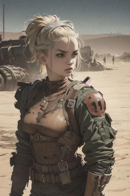 Midjourney aesthetics, 2d artwork, <lora:Scavengers:0.5>, upper body, a woman on  watelands,  dust, post apocalytic aesthetics, rusted heavy machinery on the background,  artistic approach,