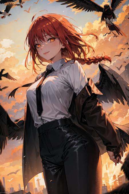 1girl, animal, bat, bird, black feathers, black necktie, black pants, braid, breasts, cloud, collared shirt, crow, explosion, feathers, fire, flock, high-waist pants, jacket, looking at viewer, makima \(chainsaw man\), necktie, orange eyes, orange sky, outdoors, pants, red sky, seagull, shirt, shirt tucked in, sky, smile, solo, sunset, twilight, white shirt <lora:makimav1:0.6>