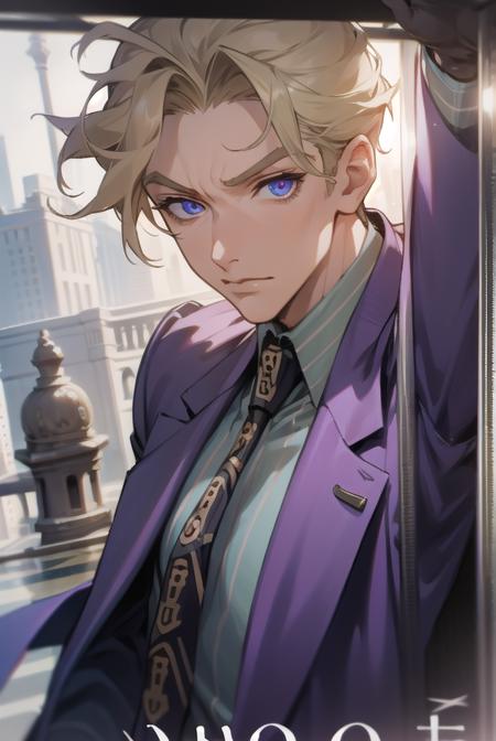 kirayoshikage, <lora:kirayoshikagetest:1>, kira yoshikage, 1boy, blonde hair, short hair, mature male, cheekbones, purple eyes,
BREAK belt, formal, necktie, shoes, suit,,
BREAK looking at viewer,
BREAK outdoors, park,
BREAK <lora:GoodHands-vanilla:1>, (masterpiece:1.2), best quality, high resolution, unity 8k wallpaper, (illustration:0.8), (beautiful detailed eyes:1.6), extremely detailed face, perfect lighting, extremely detailed CG, (perfect hands, perfect anatomy),