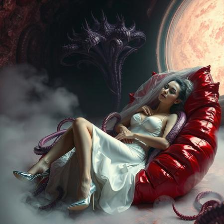 young  russian bride in ivory honeymoon lingerie  and  glossy high heels, entangled in long tentacles, laying  reclined in weird red foil pillows, covered with giant ultrathin transparent slime veils,   giant portal to outer space, fog from the floor, giant purple alien carnivorous flower with glossy spiked petals at background, weird alien hive slime walls and fleshy floor, horror, reminiscent of H.R. Giger, Zdzisław Beksinski, and Ash Thorp's dark, sleek styles, with close-up glamour photography, glossy satin and silver heels glistening, fleshy slime dripping, and dark shadows.
