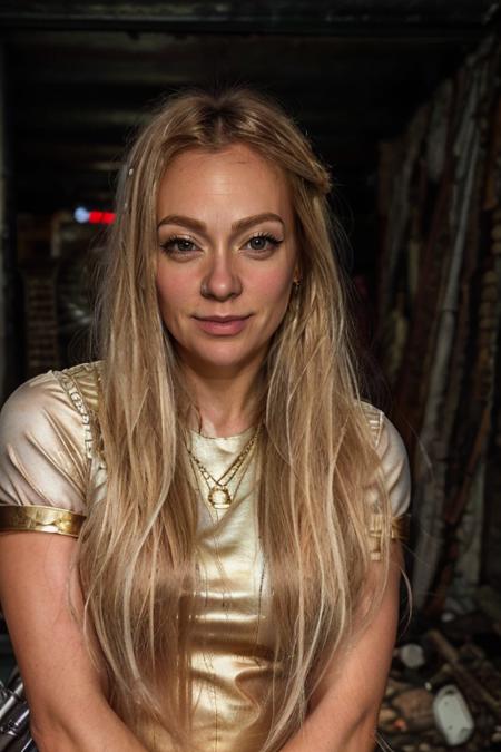 <lora:Cherry_Healey:1> masterpiece, best quality, detailed face, 1girl, solo, realistic, c1873h, long blonde_hair, herald costume ,  wasteland , evening