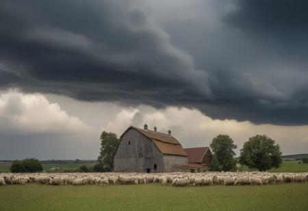Cumulo-nimbus storm cloud landscape, close-up flocks of grazing sheep, antique wooden farmhouse with antique grain silo, photographie très réaliste