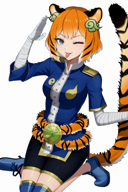 tigermortar, simple background, white background, one eye closed, tongue, tongue out, orange hair, shadow, bandages, blue footwear, salute, tiger ears, tiger tail, ;p