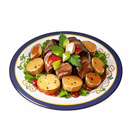 (masterpiece, top quality, best quality, official art, beautiful and aesthetic:1.2),(8k, best quality, masterpiece:1.2),icon\(game icon institute\), a plate of food with meat and potatoes on it, with a garnish on top of it, simple background, white background, food, no humans, plate, meat, food focus, still life,<lora:Game Icon InstituteV2.0:0.7>,