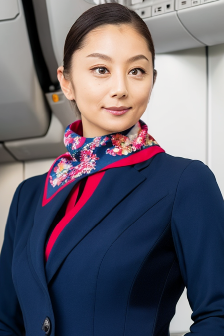 jal uniform,a woman in a uniform and red neck scarf,(RAW photo, best quality), (realistic, photo-realistic:1.4), masterpiece, an extremely delicate and beautiful, extremely detailed, 2k wallpaper, Amazing, finely detail, extremely detailed CG unity 8k wallpaper, ultra-detailed, highres, soft light, beautiful detailed girl, extremely detailed eyes and face, beautiful detailed nose, beautiful detailed eyes,inside an aeroplane interior,perfect anatomy,soft light,slender body,standing,