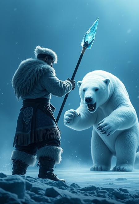 "Image of a snow spirit, a great hunter, poised to throw their massive spear, the tip of which is made of magic blue ice. The hunter's arm is cocked back, ready to unleash the spear at the giant ravenous snow bear standing across from them. The bear, its eyes fixed on the hunter, is ready to attack, its massive paws raised and claws extended. The two enemies face each other in an epic standoff, their eyes locked in a fierce stare. The moment is frozen in time, with the hunter's spear about to fly and the bear's attack imminent. Style: dramatic, intense, and action-packed, with a focus on capturing the tension and power of the moment." Absurdres Highest-Quality, 4k