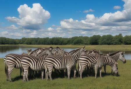 horde of zebras in a meadow by a lake, blue sky and cumulus cloud, very realistic photography