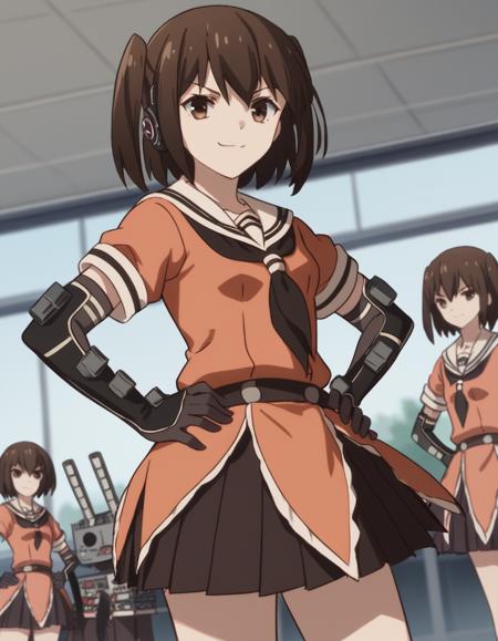 sendai, short hair, bangs, brown hair, brown eyes, two side up, sendai (kancolle) skirt, gloves, school uniform, pleated skirt, serafuku, black gloves, elbow gloves, sailor collar, neckerchief,