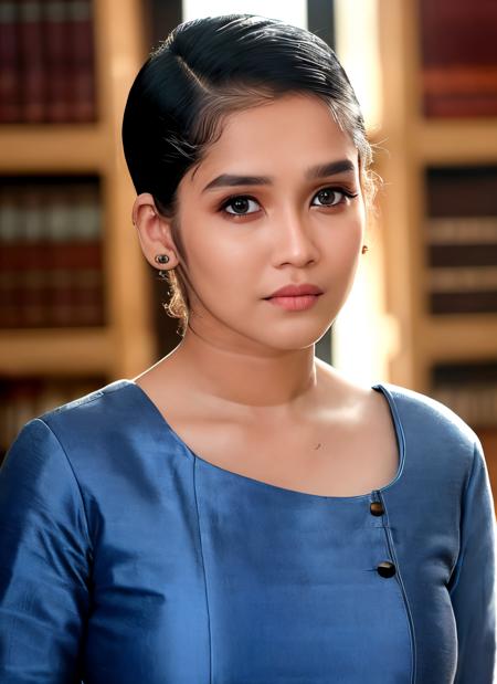 portrait of skswoman, confused , wearing runway fashion , with white Blunt haircut , background library epic (photo, studio lighting, hard light, sony a7, 50 mm, matte skin, pores, colors, hyperdetailed, hyperrealistic), <lyco:Anikha Surendran:1.1>