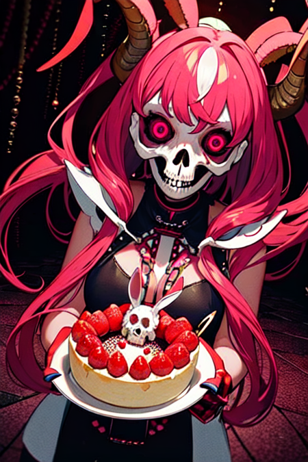 official art, unity 8k wallpaper, ultra detailed, beautiful and aesthetic, High quality, beautiful, masterpiece, best quality, (zentangle, mandala, tangle, entangle:0.6),, a cute girl serving cake to demons, pink, bright pastel colors, kawaii, (horror), eerie, rabbit skull, goat skull, in hell, creepy, demons, claws, best lighting, water splash, wind swept, glitter,ultra sharp