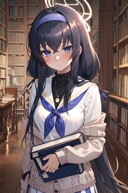 best quality, masterpiece, highres, solo, {ui_bluearchive:1.15}, long_hair, black_hair, bangs, hairband, halo, bags_under_eyes, blue_hairband, blue_eyes, hair_between_eyes, blush, jewelry, necklace, cardigan, very_long_hair, breasts, 1girl, book, sailor_collar, school_uniform, white_sailor_collar, bookshelf, serafuku, holding, holding_book, looking_at_viewer, neckerchief, blue_neckerchief, library, long_sleeves, upper_body, closed_mouth, sweater