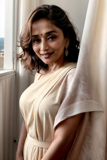 <lora:add_detail:1>,  <lora:GoodHands-vanilla:1>, <lora:madhuri-01:1> madhuri dixit,smile,  portrait, Sunlight diffused through a sheer curtain or fabric (Diffused Sunlight).,sub surface scattering, detailed skin,  luxurious Soft Glow, massimo vitali,nihonga