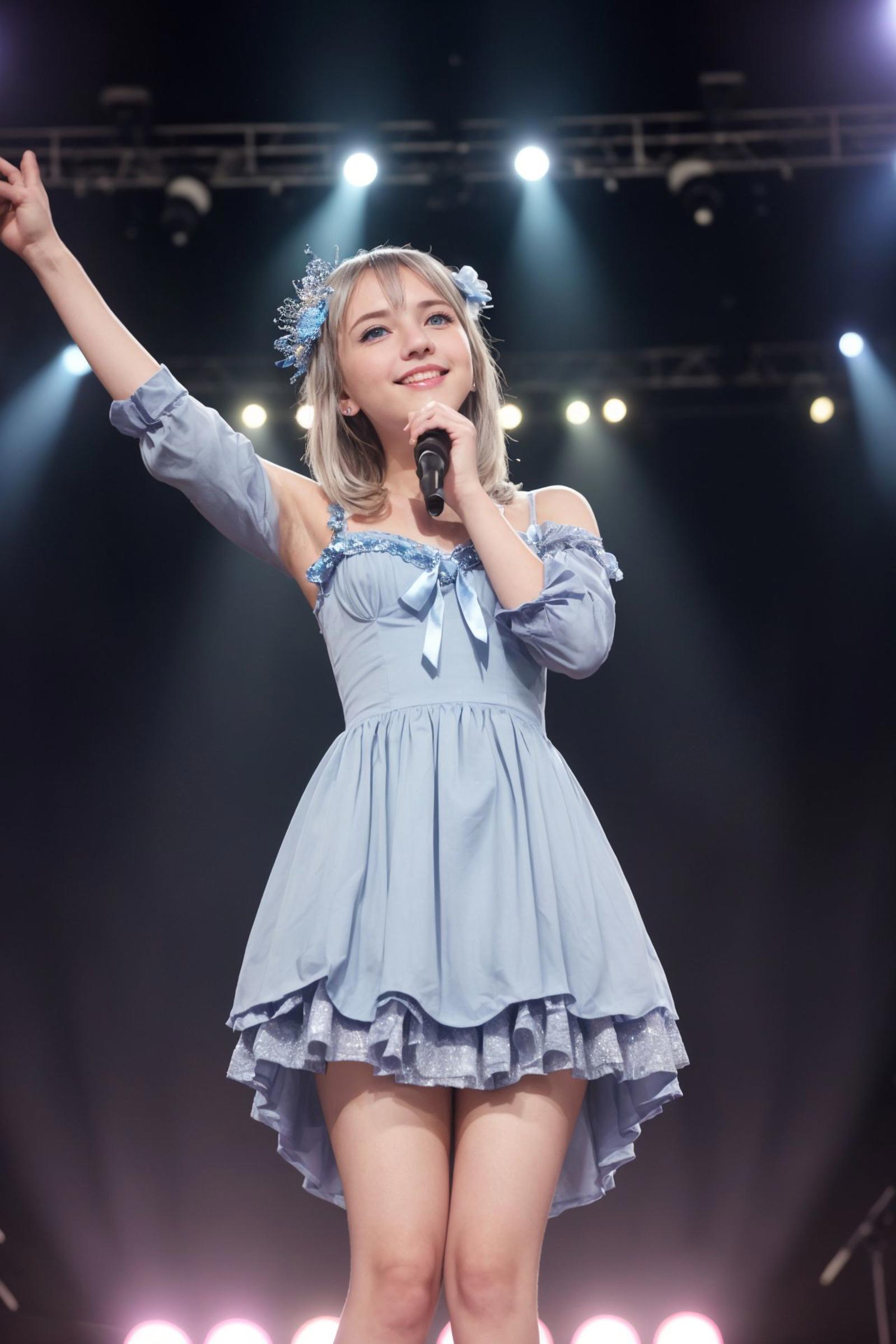 A young girl wearing a blue dress stands on stage with her arms raised, possibly singing into a microphone.