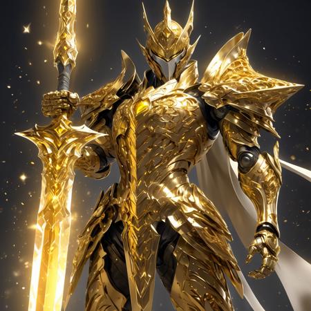 1man. male, solo, wearing golden armor, holding crystal weapon infront of him, holding sword, cape,  simple glowing background , HD, masterpiece, best quality, hyper detailed, ultra detailed,