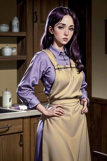 (masterpiece:1.4),(best quality:1.4),(absurdres:1.4),pin-up,okasan_Garo_aiwaifu,brown eyes,shirt ,large breasts, wide hips, purple hair ,apron,low-tied long hair ,collared shirt ,dress ,lips ,hair over shoulder,(absurdres, highres, incredibly_absurdres:1.4),scenery,masterpiece,