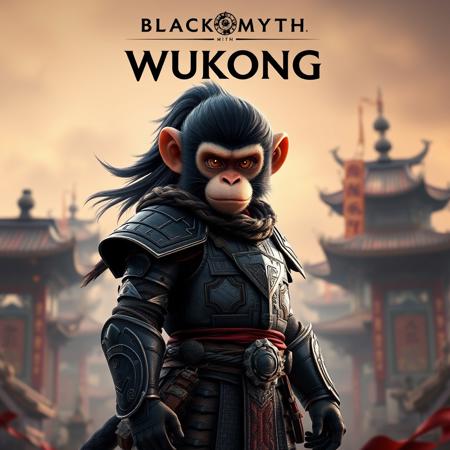 Black Myth: Wukong game poster, full-body shot of the Monkey King in armor with big eyes and long hair standing tall against an ancient Chinese backdrop. The title "BLACK MYTH WUKONG" is written at the top center in bold letters. High resolution, rich colors, cinematic quality