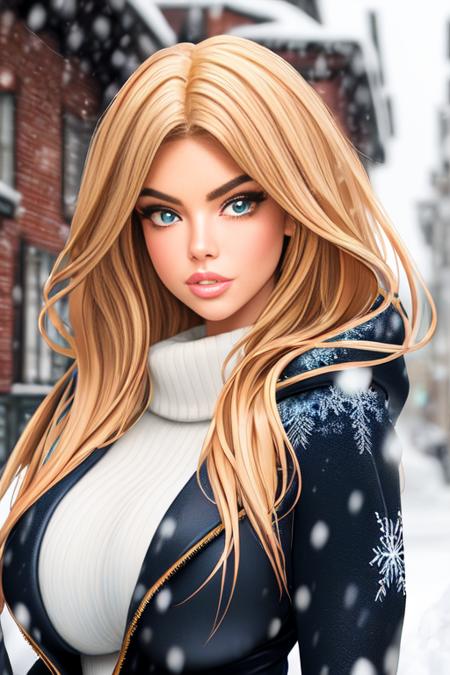 professional portrait photograph of a gorgeous girl (danahamm:1.1) in winter clothing with long wavy blonde hair and deep cleavage, ((sultry flirty look)), freckles, beautiful symmetrical face, cute natural makeup, wearing elegant winter fashion clothing, ((standing outside in a snowy city street)), stunning modern urban upscale environment, ultra-realistic, concept art, elegant, highly detailed, intricate, sharp focus, depth of field, medium shot, mid shot, (centered image composition), (professionally color graded), ((bright soft diffused light)), volumetric fog