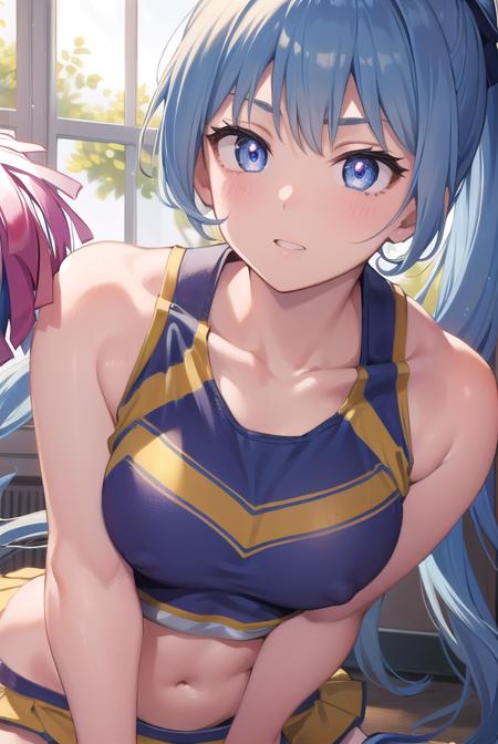 nejirehadou, <lora:nejirehadou-lora-nochekaiser:1>,
nejire hadou, blue eyes, blue hair, long hair,
BREAK cheerleader, crop top, holding pom poms, midriff, navel, orange skirt, pink footwear, pom pom (cheerleading), pom poms, ponytail, skirt, (u.a. cheerleader uniform:1.5),
BREAK looking at viewer, full body,
BREAK indoors, classroom,
BREAK <lyco:GoodHands-beta2:1>, (masterpiece:1.2), best quality, high resolution, unity 8k wallpaper, (illustration:0.8), (beautiful detailed eyes:1.6), extremely detailed face, perfect lighting, extremely detailed CG, (perfect hands, perfect anatomy),