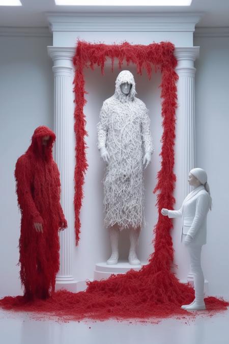 <lora:Daniel Arsham Style:1>Daniel Arsham Style - a man in a ghillie suit made of red penants in a well lit white room with a white statue of a woman