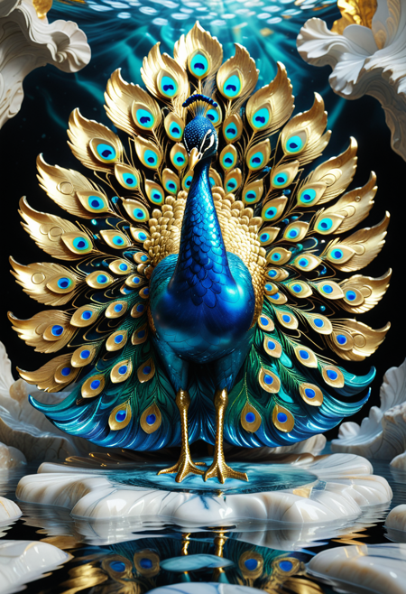 SDXL_POS, Liquid Marble, peacock, metallic, golden, silver, in appropriation art style, front view, medium close-up, in a lagoon, sunny, noon
<lora:GeekyXL_Liquid_Marble:1>
<lora:SDXLFaeTastic2400:0.15>