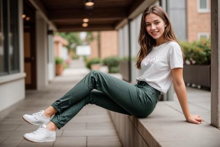 full body,photo of a 18 year old girl,sitting on a surface with legs dangling,happy,laughing,shirt,pants,ray tracing,detail shadow,shot on Fujifilm X-T4,85mm f1.2,sharp focus,depth of field,blurry background,bokeh,motion blur,<lora:add_detail:1>,