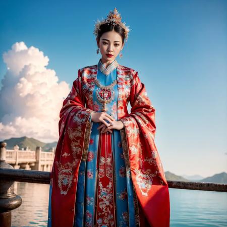 (8k, RAW photo, best quality, masterpiece:1.2), (realistic, photo-realistic:1.4), ultra-detailed, (Internet celebrity beauty),perfect detail ,  make up,(full body shot),China Jiangnan water town style, (cloud),zshs, a woman in a red and blue dress and a crown,<lora:zshs-10:0.8>