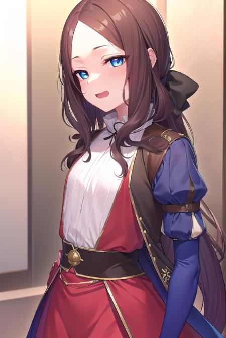 leonardodavinci, <lora:leonardodavincirider-lora-nochekaiser:1>, 
leonardo da vinci rider, blue eyes, brown hair, long hair, parted bangs, (small breasts:1.2), <lora:smirkingeye_v100:1>, <lora:smirkingmouth_v100:1>, open mouth, smile,
BREAK black footwear, brown jacket, elbow gloves, gloves, jacket, loafers, metal gloves, pantyhose, red skirt, shoes, skirt, puffy sleeves, thighhighs, blue thighhighs,
BREAK looking at viewer, full body, upper body,
BREAK indoors,
BREAK <lyco:GoodHands-beta2:1>, (masterpiece:1.2), best quality, high resolution, unity 8k wallpaper, (illustration:0.8), (beautiful detailed eyes:1.6), extremely detailed face, perfect lighting, extremely detailed CG, (perfect hands, perfect anatomy),