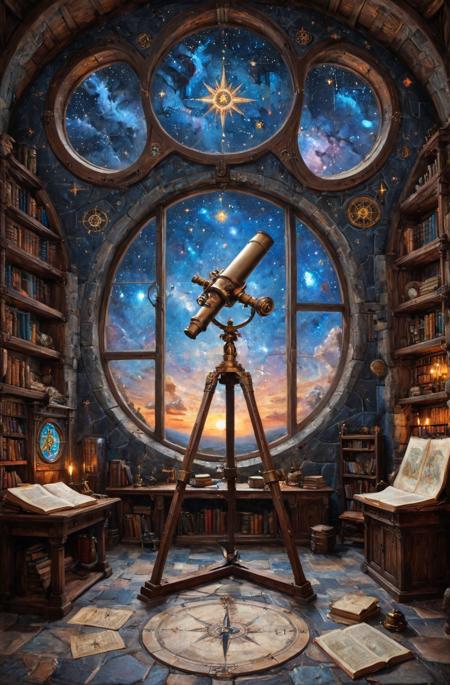 fantasy oil painting artwork depicts a circular, gothic, medieval observatory with a stone and wood interior. An intricate astronomical telescope sits on a wooden tripod in the centre of the room. The room features a large window revealing a spectacular starry night sky and a hint of a sunset on the horizon. The ceiling is made of glass panels, allowing a clear view of the sky. The floor is paved with large stone tiles, and a compass rose is embedded in the centre. Chaotic wooden bookshelves line the walls, filled with scrolls and large, open books. A cluttered wooden table  holds maps and charts. The overall design suggests a medieval or magical theme, emphasizing a sense of mystery and knowledge.