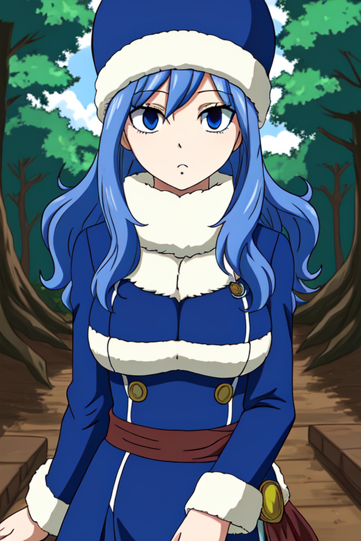 masterpiece, best quality, highly detailed, highres, hdr, 1girl, solo, (Juvia_Lockser)++ in the forest, trees, blue eyes, ...