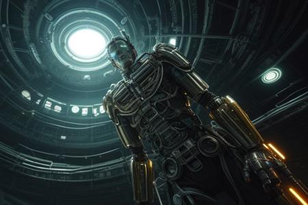 HDR photo of retro biopunk person, wide shot and from below, volumetric lighting . High dynamic range, vivid, rich details, clear shadows and highlights, realistic, intense, enhanced contrast, highly detailed,