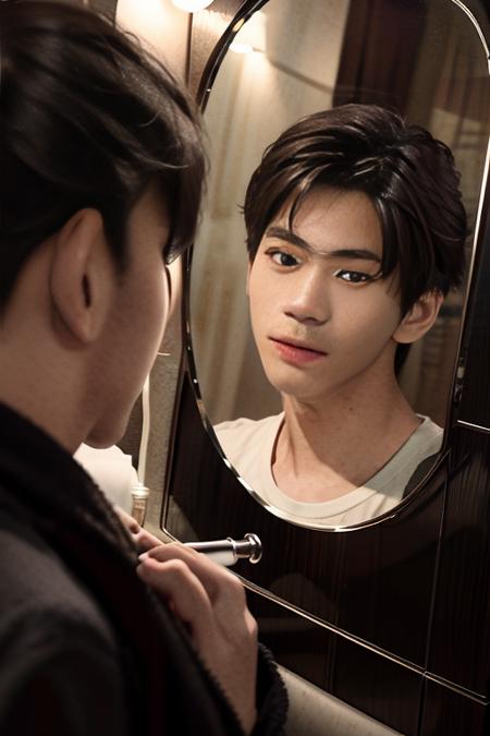 ((masterpiece)),((bestquality)),8k,high detailed,ultra-detailed,photography,award winning,documentary,Original Photo,extreme detail description,Realisticity,1boy,(((solo))),Asian Slim male,manly,slim,thin,adult,handsome face,real skin texture,well-proportioned hands,think eyebrow,Looking At Mirror,Stare,[Uniform lighting|Naturalistic lighting|Soft illuminaotion|Flood lighting],<lora:FlowerFlower:1>,simple background,<lora:real_skin:1>,