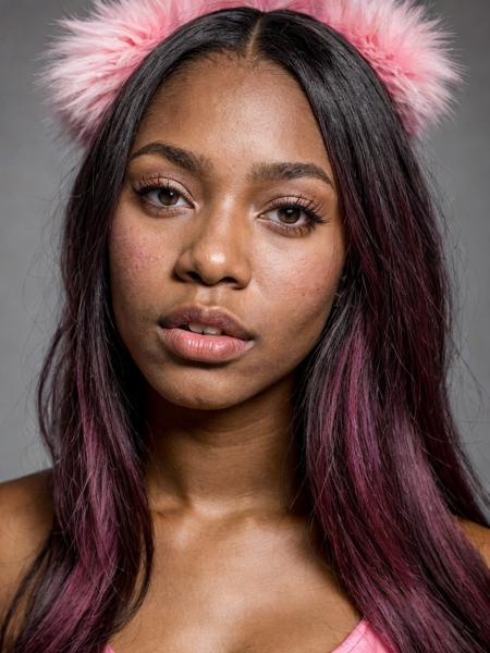 gorgeous 19 year old black woman named Kendra, straight hair, cosplay, pink furry, lipstick, beauty spots, submissive expression, hard shadows, soft lighting, sharp focus, skin details