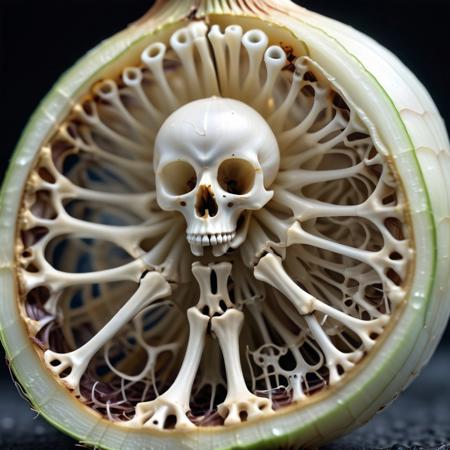 extreme close-up macro photography of a (cross-section of an onion:1.5), revealing its concentric layers transformed into delicate, bone-like structures, each layer a lattice of tiny, interconnected osseous rings, translucent and opalescent, dewdrops clinging to the edges like miniature crystal skulls, illuminated by a soft, diffused light from below, creating an ethereal glow, hyperrealistic, organic patterns, intricate details, ultra sharp, exquisite detail, flawless composition, subtle pastel color palette, masterpiece, bokeh background <lora:Bones_World_Morph:1> boneswm,
