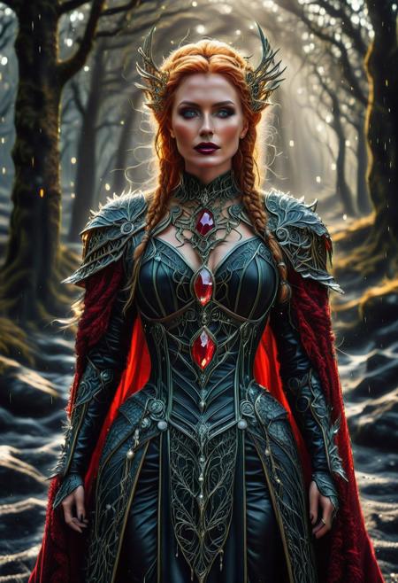 ObsidianSand, nbn-freyja, (ObsidianSand background:2), indoors, standing, 1woman, solo, long hair, black choker, eyeliner, gorgeous lips, covered breasts, cinematic, best quality, ultra-detailed, very aesthetic, (natural eyes:1.4), freckles, aloof, (masterpiece:1.1), small waist, fitness body, wide hips, 32 years old, golden blond hair, censored, (big stained glass windows:1.4), (ObsidianSand Victorian dress:1.6), (red ruby clothes:1.6), high end closure, Evil Queen, cinemascope, moody, epic, gorgeous, film grain, natural hands, red elbow gloves, knee boots, dramatic, ritual magic, freyja, auburn hair, braided hair, magic, forest, Viking queen, mythic beauty, feathered cloak, fur, armor, robe, braid, rune jewelry, photorealistic, cinematic, flowers, jewelry, photorealism, cinematic lighting, high fantasy, mythic portraiture, soft background, northern folklore aesthetic, (fully dressed:2), (RAW photo), 4K, best quality, realistic, photorealistic, masterpiece, extremely detailed, an extremely delicate and beautiful, dynamic, realistic anatomy, candle lighting, perfect shading, professional shading, depth of field, great lighting, goth wedge boots, elegant, gorgeous, highly detailed, detailed fluorescent hair with dark roots, 35mm, f1.4, dark lipstick, full shot photo, perfect face, perfect anatomy, cute, beautiful, perfect beauty, amazing beauty, absolutely perfect, perfect skin, gentle, highly detailed, breathtaking, clear skin, (ObsidianSand clothes:2.6).