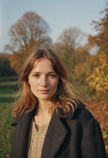 KB_ektachrome_BW, A beautiful 35mm photo of a 30 year old Dutch woman, ((sweater)), ((long warm coat)), ((beany)), ((full body:1.2)), she has a comely face, shy smile, in love, pale skin, very dark eyes, chocolate brown hair, straight hair, 70's fringe, beautiful mouth, long face, narrow chin, freckles on nose, birthmarks on stomach, she is slim, natural tits, perfectly shaped tits, pubic hair, ultra realistic, extremely detailed, highly detailed eyes, realistic eyes, highly detailed skin, realistic skin, a walk on the heath, early morning, autumn, a little foggy, beautiful lighting, soft natural light, golden hour light, autumn, perfect light, Rembrandt style light, 8k resolution, masterpiece, 35mm,Camera="Hasselblad X1D 50c", Lens="Hasselblad XCD 90 mm f/3.2 ", "Aperture-of=f/2.8", "ISO=100", film grain, (ultra high res:1.2),(photo-realistic:1.3) (skin pores:1.1)