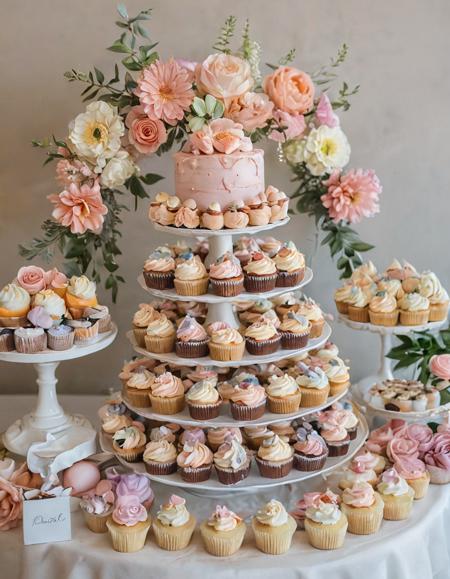 A modern dessert bar showcasing a variety of gourmet cupcakes with intricate frosting designs, macarons in pastel colors, and a tiered cake topped with edible flowers.