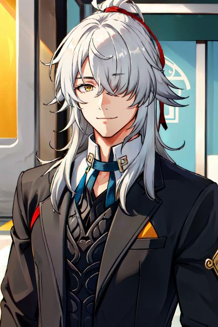 jing yuan(hsr), hair over one eye, 1boy, long hair, white hair, closed mouth, solo, upper body, looking at viewer, smile, male focus,  yellow eyes , suit ,collared shirt, formal , business suit, salaryman,alternate costume,  