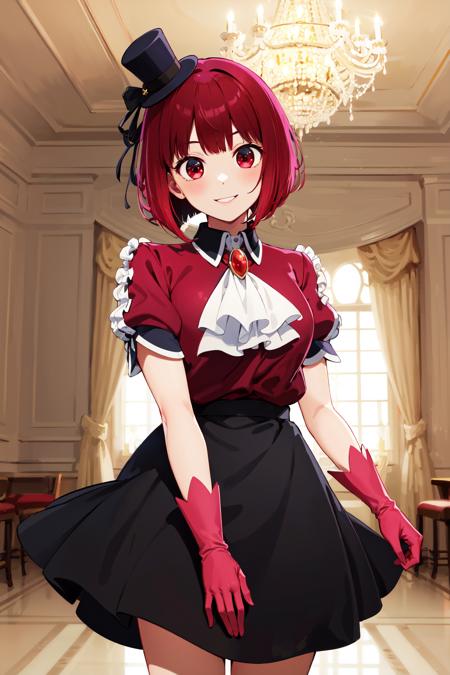 aakana, short hair, beret, red eyes, blue headwear, red bowtie, collared shirt, blue jacket, open jacket, long sleeves, grey skirt aakana, short hair, mini hat, head tilt, red eyes, jewelry, brooch, white ascot, frills, red shirt, short sleeves, pink gloves, black skirt