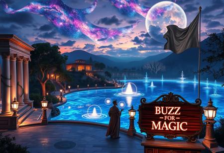 A mystical landscape at twilight, centered around a glowing crystal lake reflecting vibrant nebulae and distant galaxies. Grand marble columns and statues reminiscent of Italian architecture line the shores, adorned with glowing vines. Towering bioluminescent trees with ornate branches softly illuminate the scene, while terraced villas and cascading fountains, inspired by Tuscany, rise in the distance. Iridescent mountains blend with the luminous clouds above, creating a dreamlike horizon.
In the foreground, a figure in flowing robes reminiscent of Renaissance nobility stands on a stone piazza leading to the lake. Around them, floating orbs of light and ancient runes circle as they weave a magical spell. Nearby, an elegant wooden sign made from polished mahogany, with intricate scrollwork and gilded edges, reads ‘BUZZ for MAGIC’ in sleek Futura font, glowing faintly in neon white, perched atop a stone pedestal. In the background, a large flag sways gently in the wind, a seamless blend of the American flag’s stars and stripes with the Star of David from the Israeli flag, representing unity and strength. Golden lanterns sway in the gentle breeze, adding warmth to the serene atmosphere. The entire scene is a fusion of otherworldly beauty, timeless Italian elegance, and symbolic unity, where nature, art, and magic blend in perfect harmony