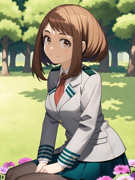 a beautiful and detailed character portrait of ochako, brown hair, school uniform, pantyhose, green skirt,grey coat, tie, , smile, trees, ((flowers)), bushes,solo, cinematic lighting, shaded, sit, park
<lora:ochako v1:1>