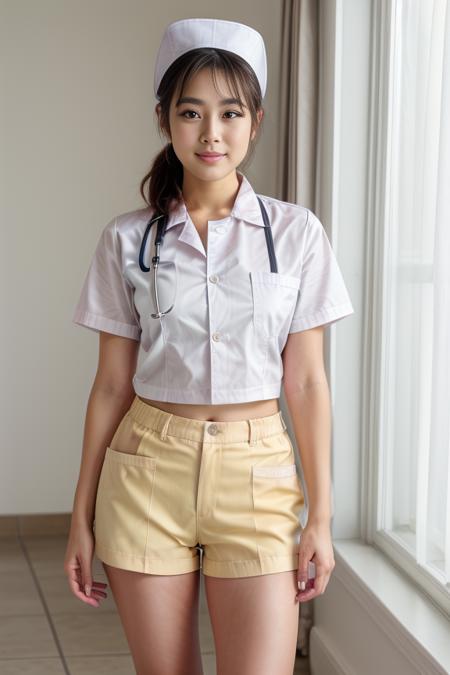 1woman, beautiful, alluring, cute face, detailed face, detailed, masterpiece, full body shot, <lora:DETAIL_SLIDER_BY_STABLE_YOGI:0.8>
<lora:Nurse Uniform By Stable Yogi:0.8> yellow nurse uniform nurse cap, shorts