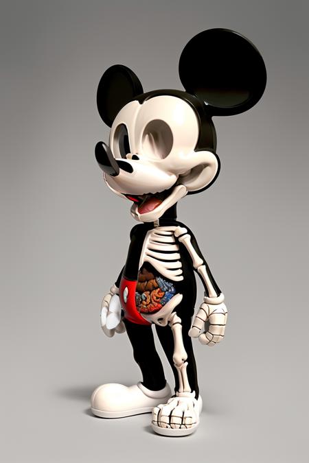 a skeleton mickey mouse figurine is posed for a picture on a white background with a shadow of the skeleton, Damien Hirst, anatomically correct, a surrealist sculpture, pop surrealism ,  skeleton_toy