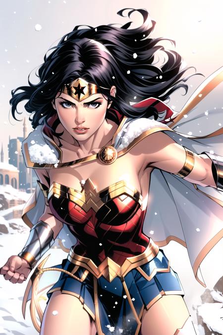 jim lee,

1girl, wonder woman, armlet, black hair, blurry, bracer, breath, cape, cowboy shot, depth of field, holding, holding weapon, lasso, looking at viewer, parted lips, pommel, realistic, reverse grip, shield, skirt, snow, snowing, solo, superhero, sword, tiara, toned, weapon, weapon behind back

, ((masterpiece))

<lora:jim_lee_offset:1>