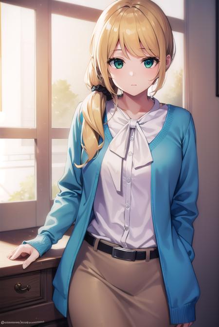 ellenbaker, <lyco:ellenbaker-lyco-nochekaiser:1>,
ellen baker, blonde hair, (green eyes:1.5), long hair, ponytail, scrunchie,
BREAK shirt, white shirt, collared shirt, cardigan, blue cardigan, belt, skirt, brown skirt, pencil skirt,
BREAK indoors, classroom,
BREAK looking at viewer, (cowboy shot:1.5),
BREAK <lyco:GoodHands-beta2:1>, (masterpiece:1.2), best quality, high resolution, unity 8k wallpaper, (illustration:0.8), (beautiful detailed eyes:1.6), extremely detailed face, perfect lighting, extremely detailed CG, (perfect hands, perfect anatomy),